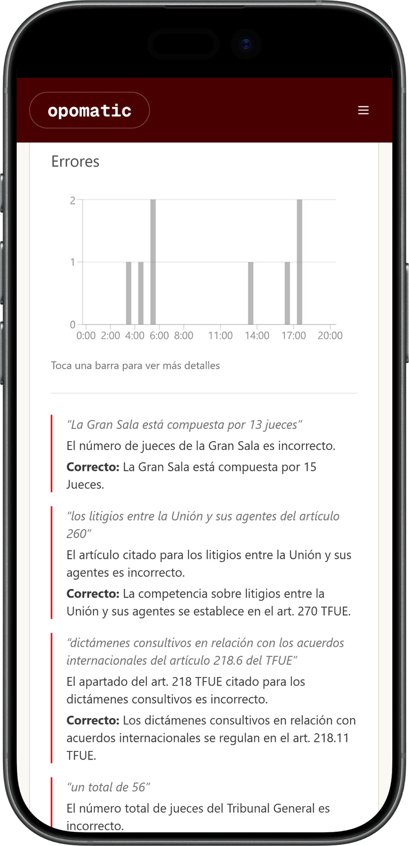 Pantalla de errores y omisiones en un iPhone