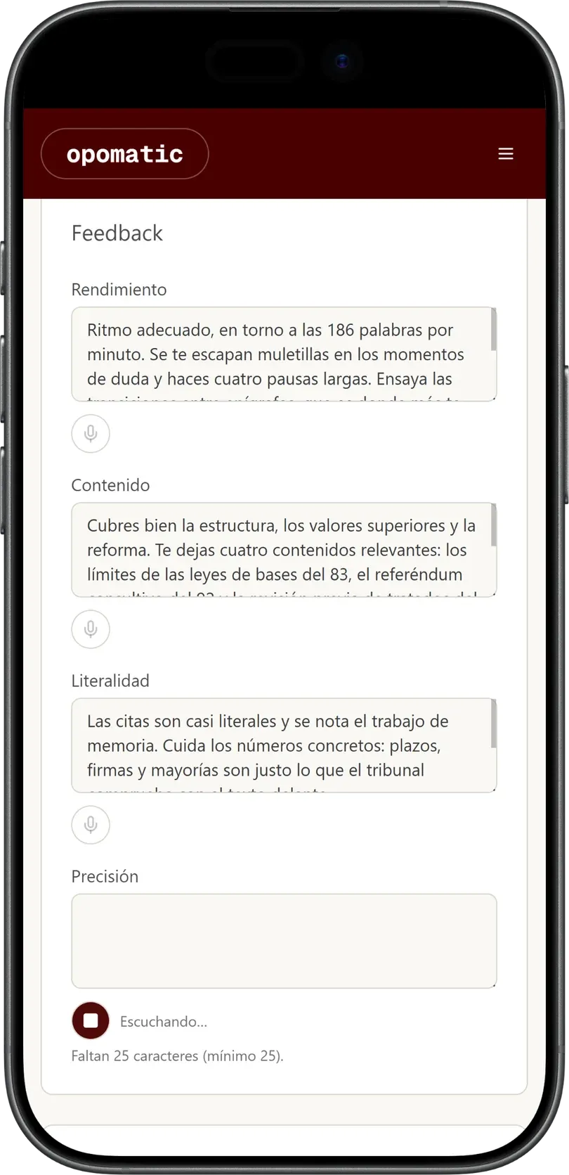 Pantalla del feedback del preparador en un iPhone